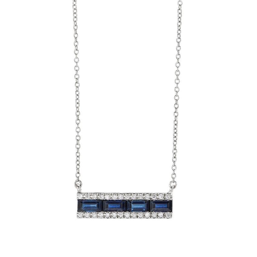 White Gold, Blue Sapphire & Diamond Bar Necklace