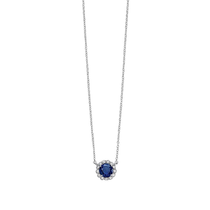 White Gold Round Sapphire & Diamond Halo Pendant Necklace