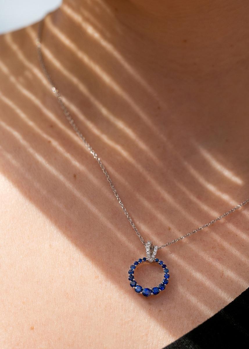 White Gold Round Sapphire & Pave Diamond Open Circle Pendant Necklace 1
