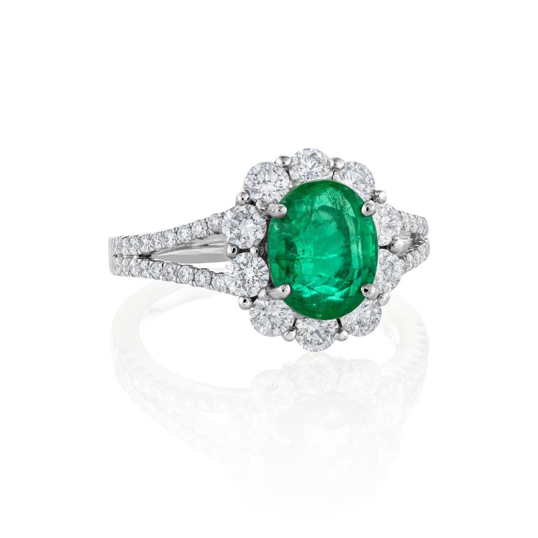 White Gold Oval Emerald & Diamond Split Shank Ring