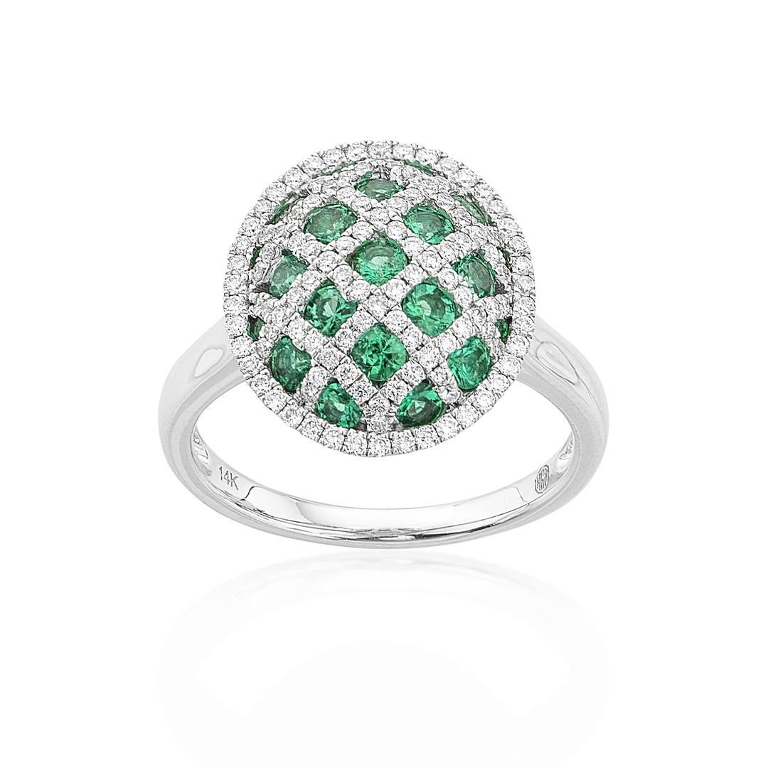 White Gold Round Emerald & Diamond Latticework Ring 0