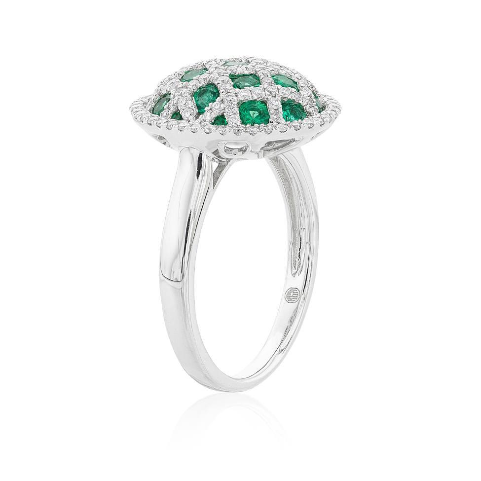 White Gold Round Emerald & Diamond Latticework Ring 1