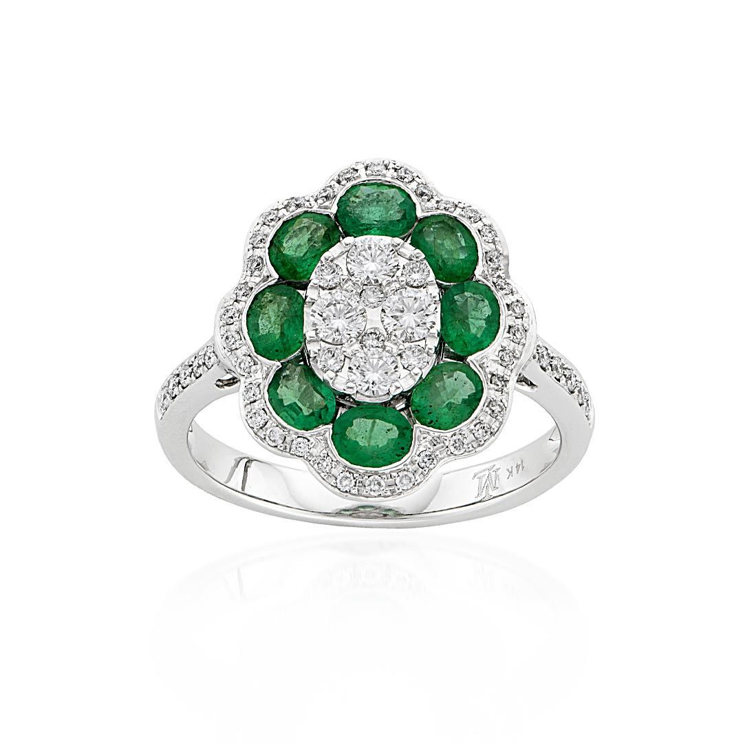 White Gold Diamond Cluster & Oval Emerald Flower Ring 0