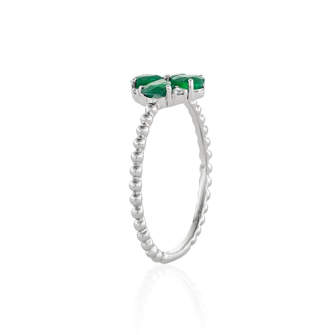 Emerald and Diamond Clover Beaded Stackable Ring 1