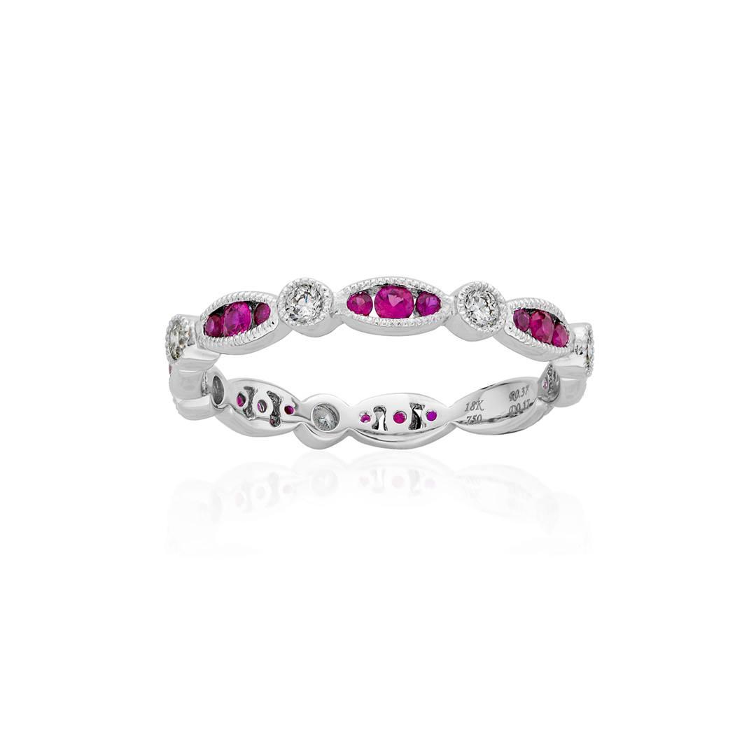 Marquise Set Round Ruby Stacking Ring with Diamonds