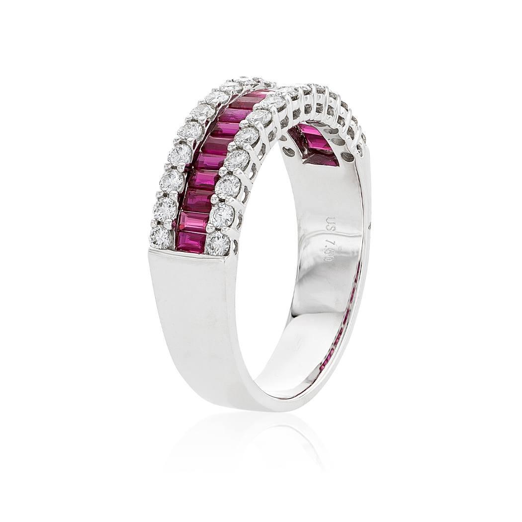 Baguette Ruby Ring with Round Diamond Rows 1