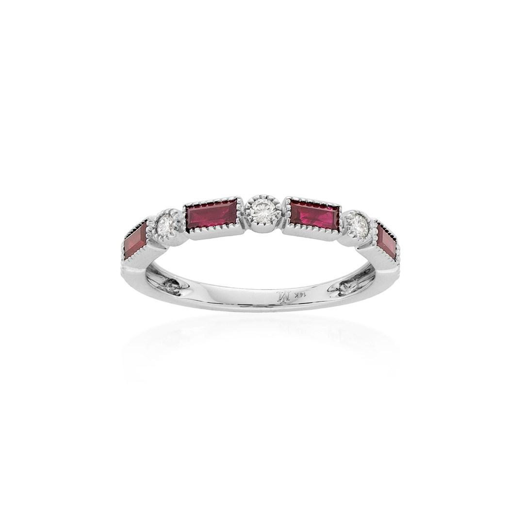 White Gold Baguette Ruby & Round Diamond Band 0