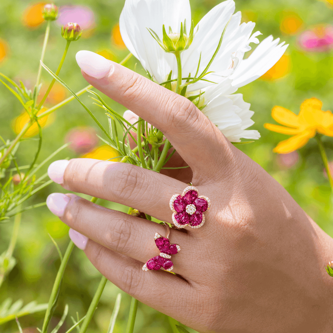 Ruby and Diamond Rose Gold Flower Ring 2