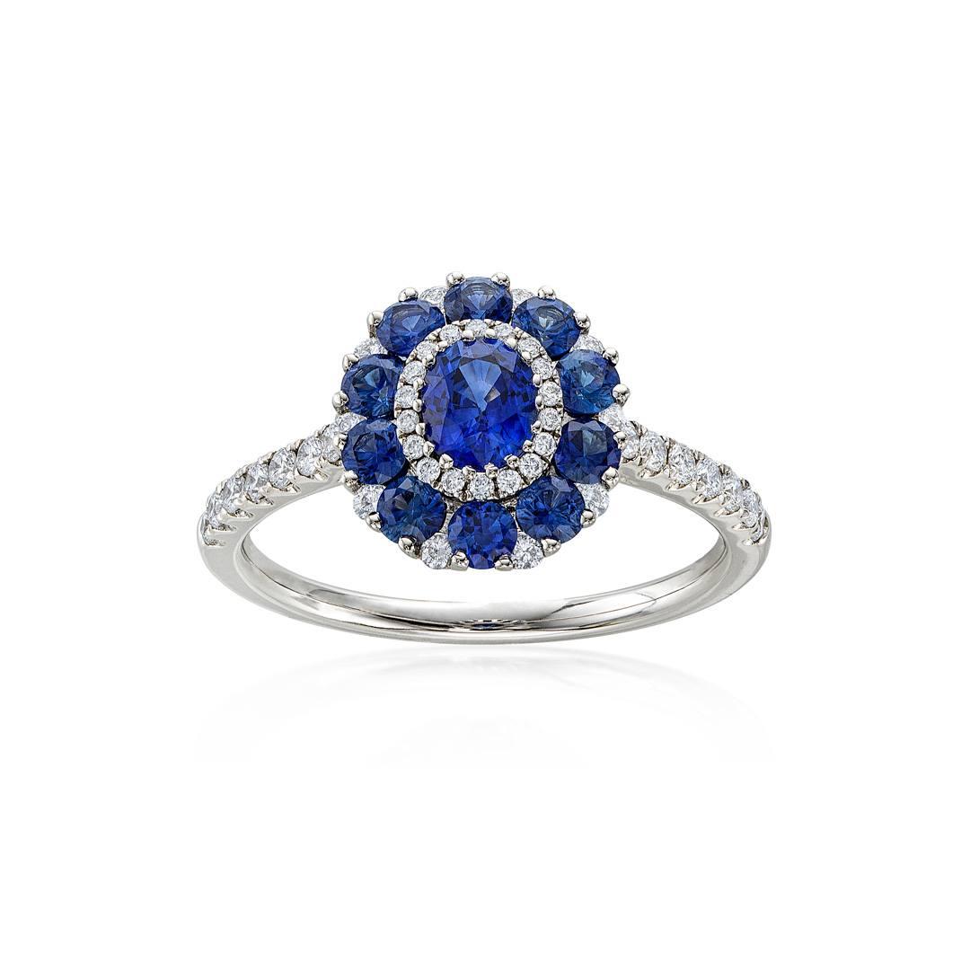 Sapphire Ring with Round Diamond and Round Sapphire Accents