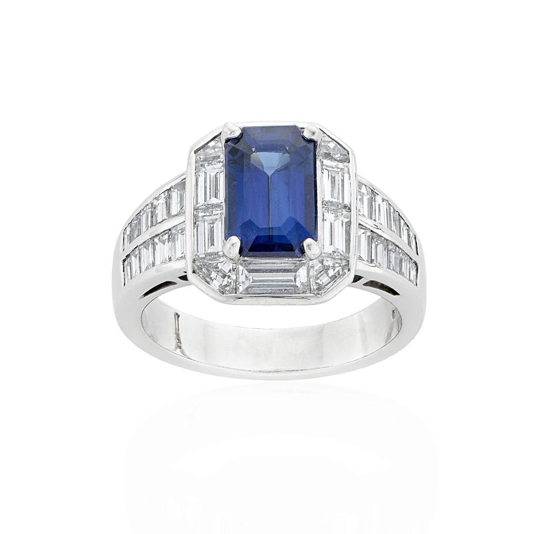 Platinum 2.74 CT Sapphire & Baguette Diamond Ring 0