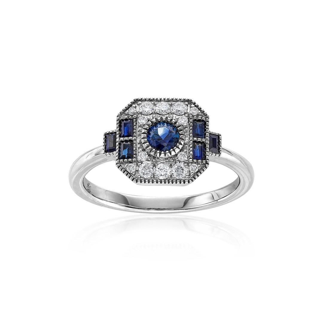 Vintage inspired White Gold Blue Sapphire & Diamond Ring 0