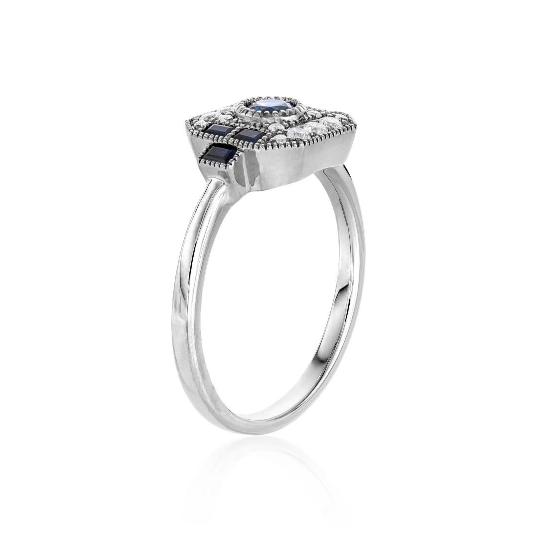 Vintage inspired White Gold Blue Sapphire & Diamond Ring 1