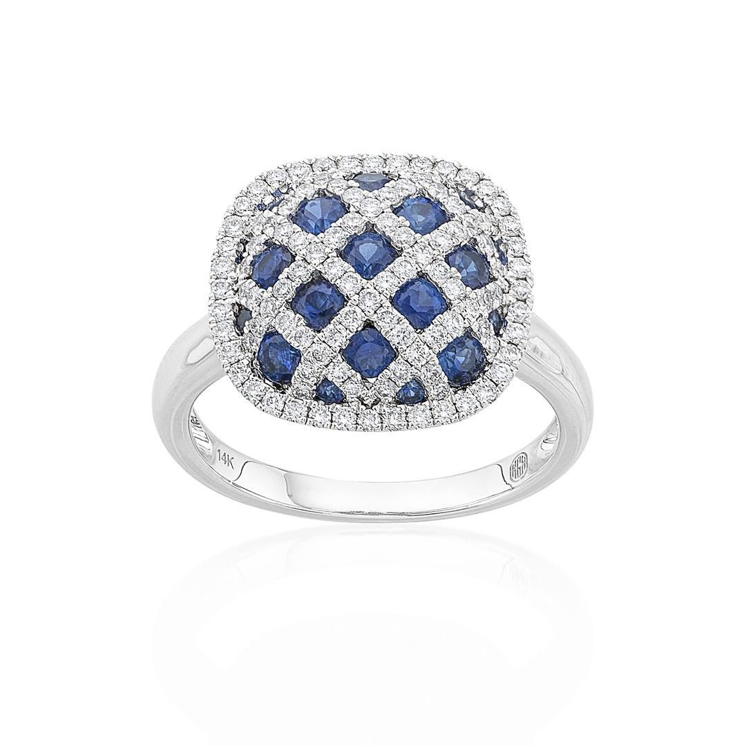 White Gold Round Sapphire & Diamond Latticework Ring 0