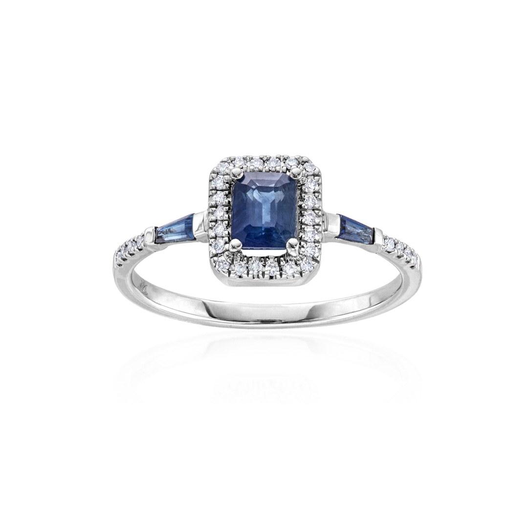 White Gold Emerald Cut Sapphire & Diamond Halo Ring