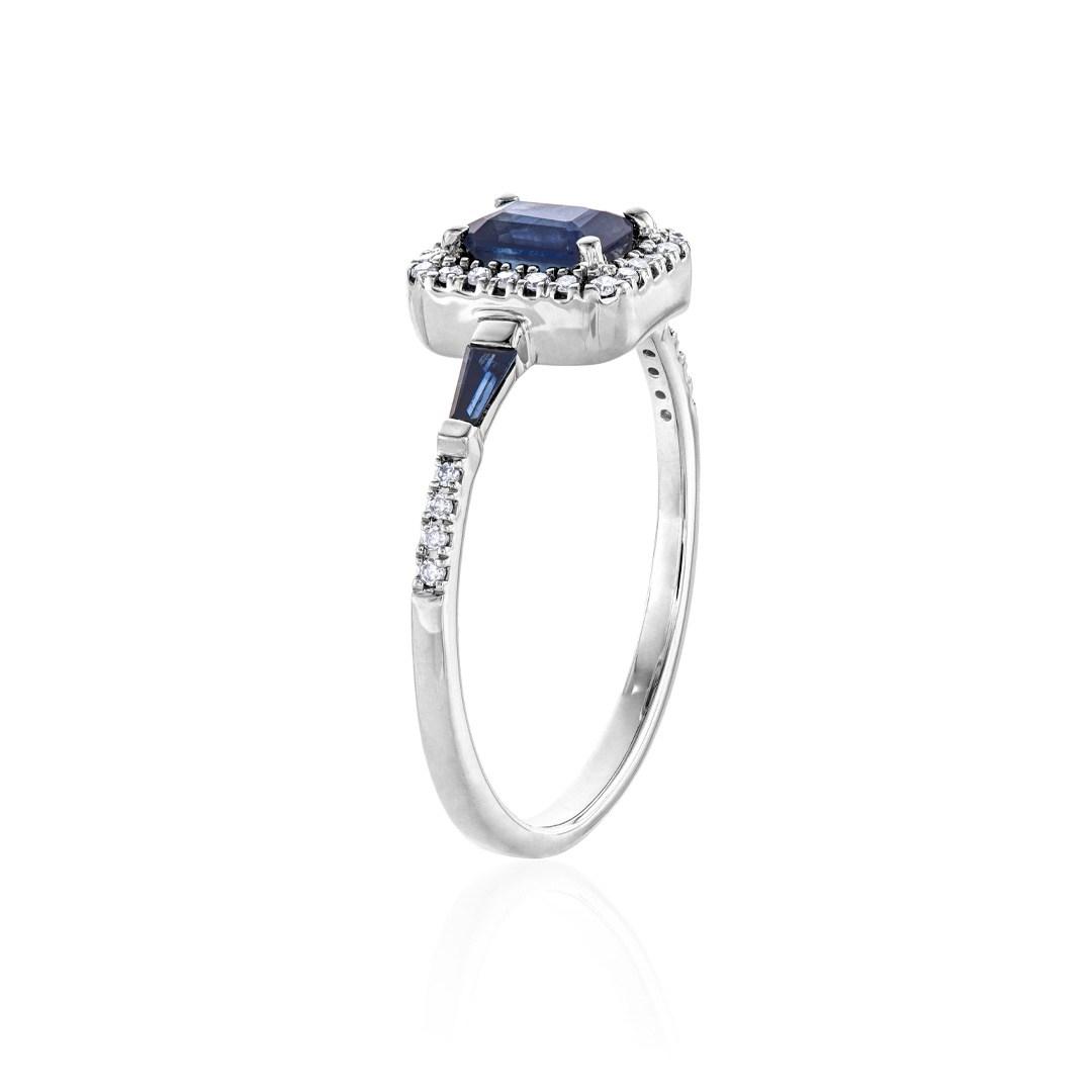 White Gold Emerald Cut Sapphire & Diamond Halo Ring 1