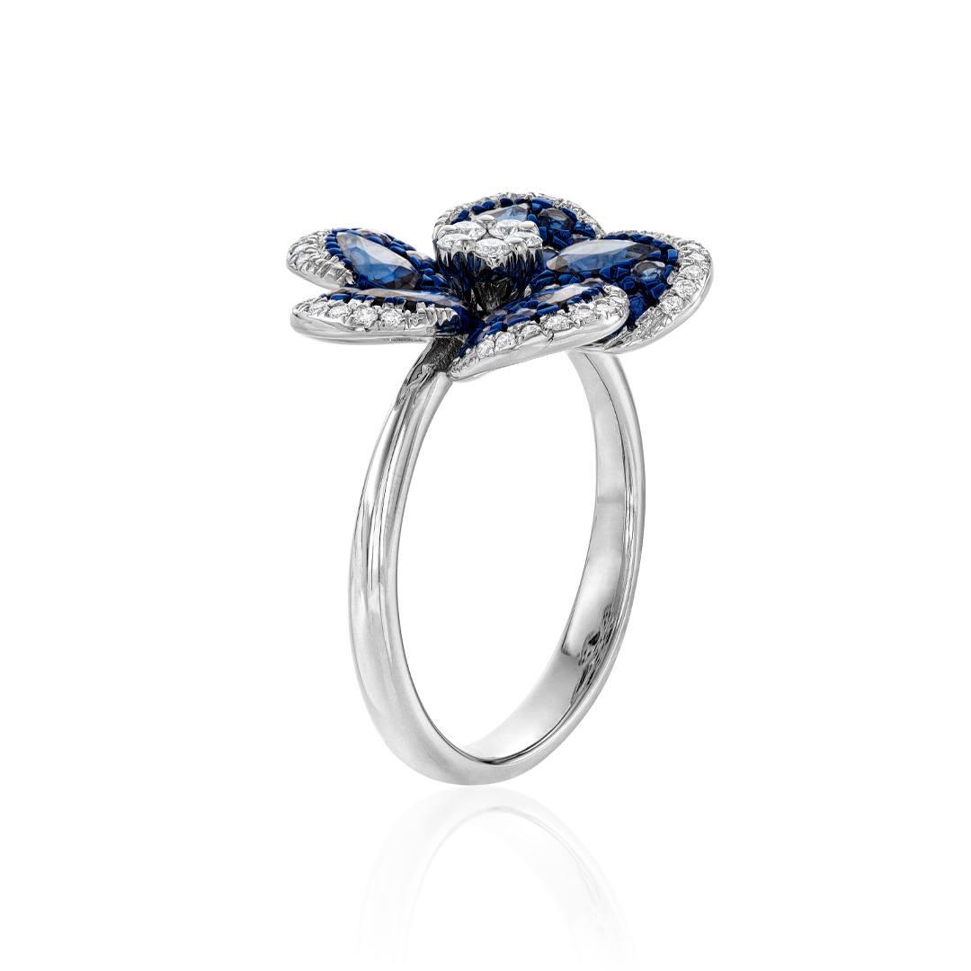 Sapphire and Diamond White Gold Flower Ring 1