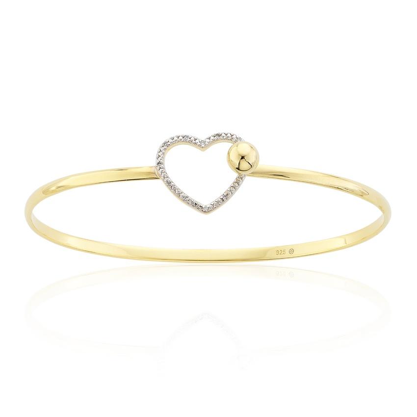 Yellow Gold Plated Sterling Silver & Diamond Open Heart Bangle 0