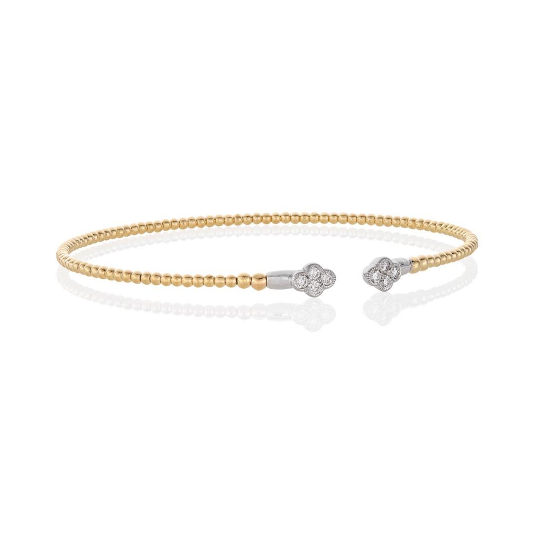 14k Yellow Gold Beaded Open Bangle with Diamond Clovers