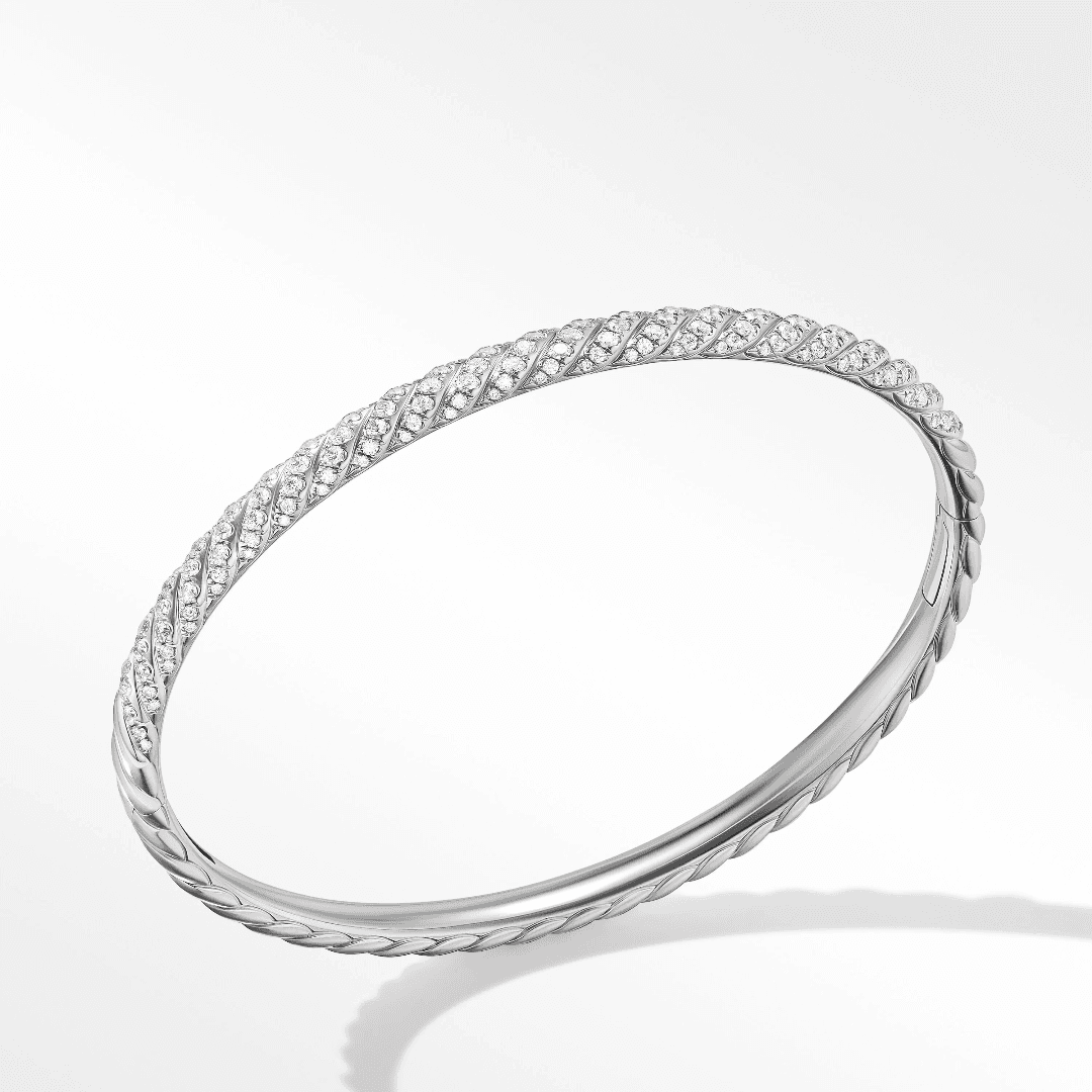 David Yurman Sculpted Cable Bangle in White Gold with Diamonds, size medium