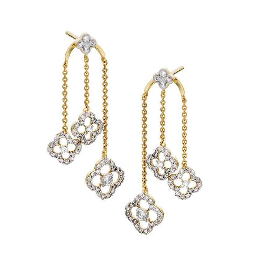 Yellow & White Gold Diamond Open Clover Drop Earrings