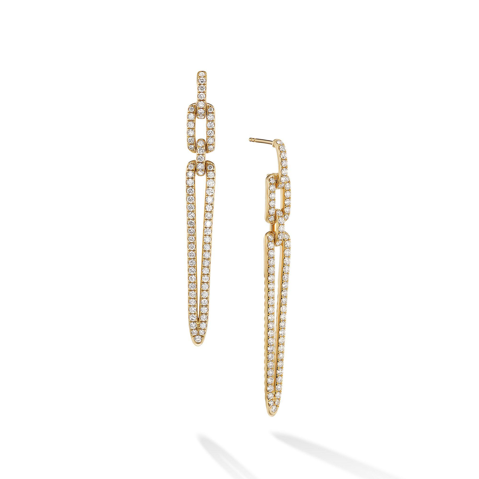 David Yurman Stax Elongated Drop Earrings in 18K Yellow Gold with Pave Diamonds | Front View
