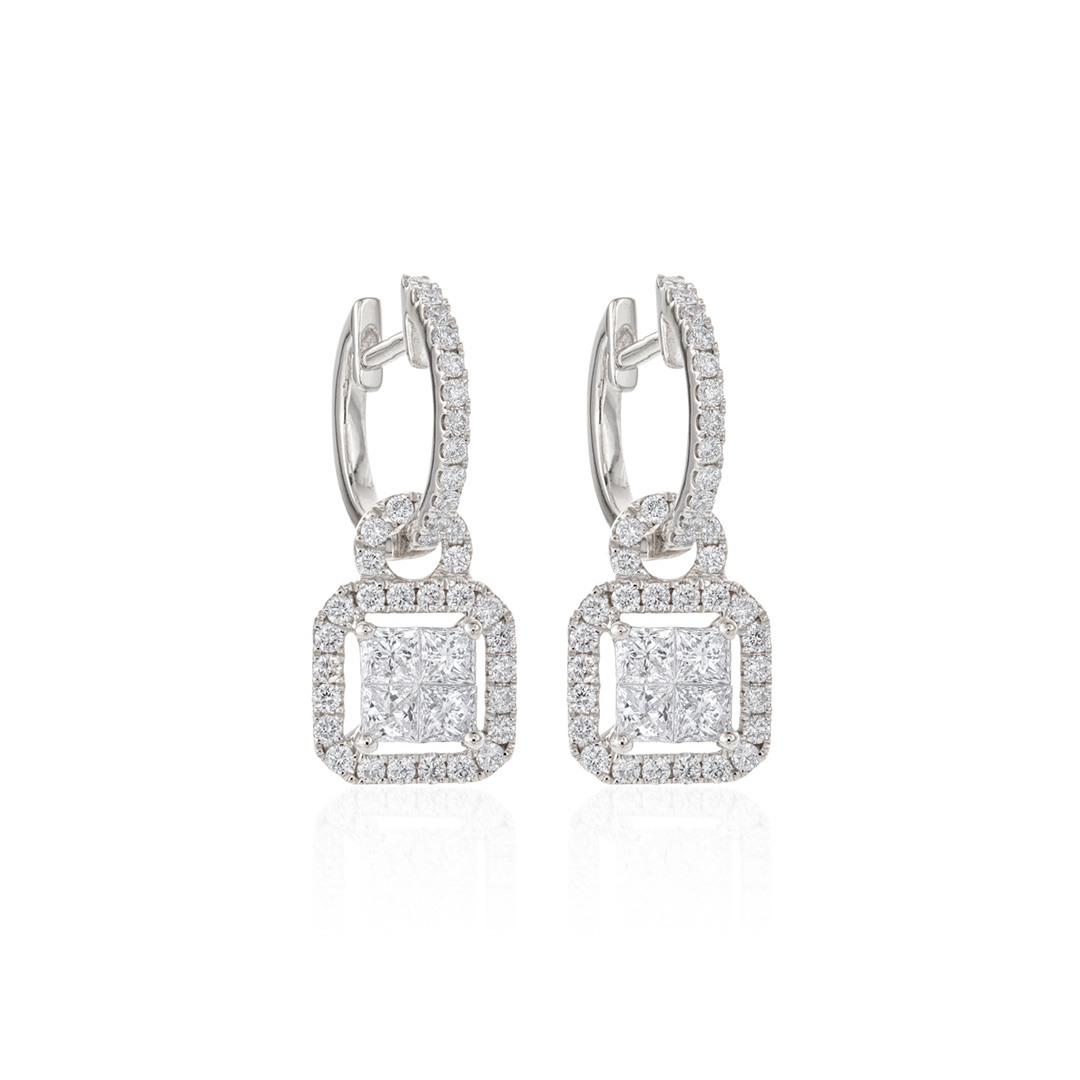 Princess Cut Diamond Dangle Drop Earrings with Diamond Loop 0