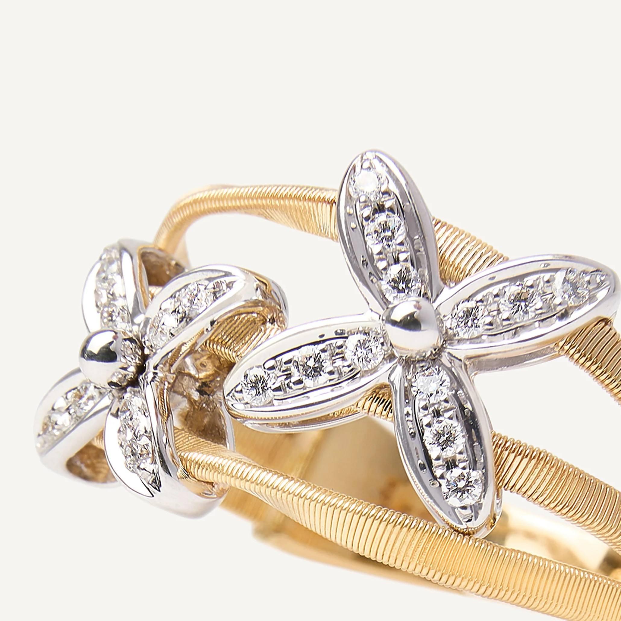 Marco Bicego Marrakech Onde Collection 18K Yellow and White Gold Ring with Two Diamond Flowers 1