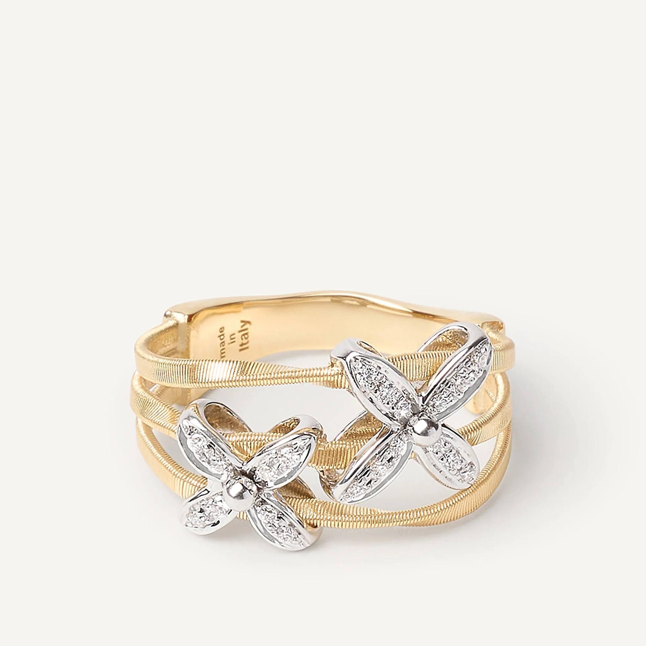 Marco Bicego Marrakech Onde Collection 18K Yellow and White Gold Ring with Two Diamond Flowers 2