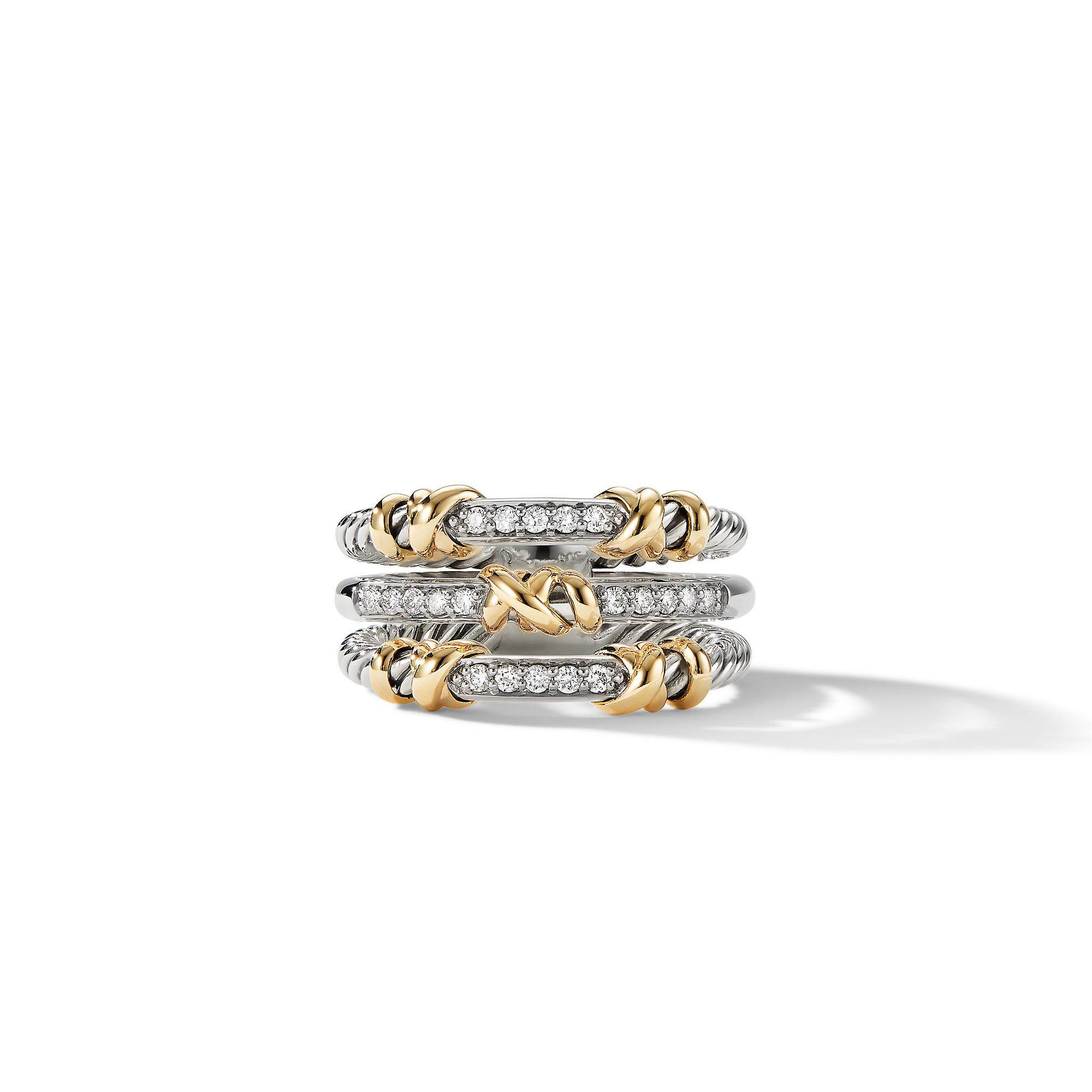 David Yurman Petite Helena Three Row Ring with 18K Yellow Gold and Diamonds | Front View