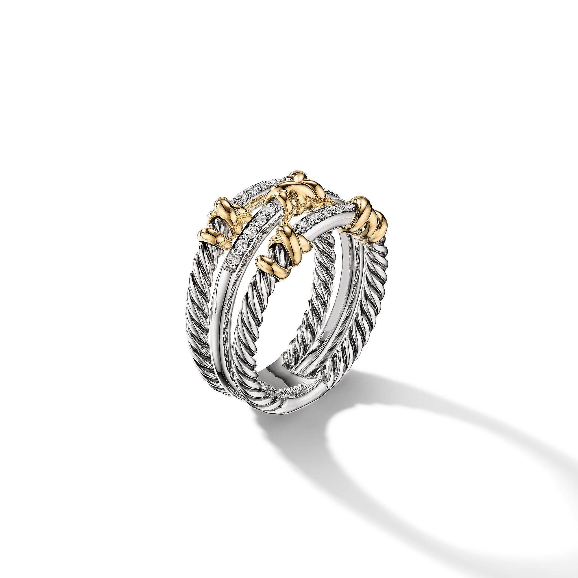 David Yurman Petite Helena Three Row Ring with 18K Yellow Gold and Diamonds | Top View