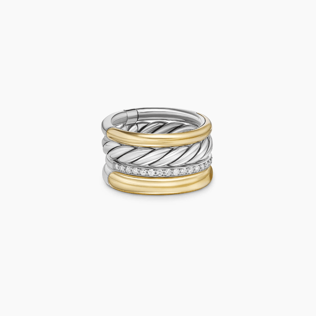 David Yurman DY Mercer Multi Row Ring with 18k Yellow Gold and Diamonds, 14mm