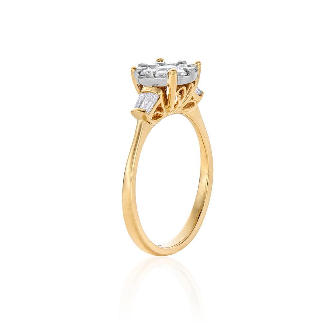 Round Cluster Yellow Gold Diamond Engagement Ring with Baguettes 1