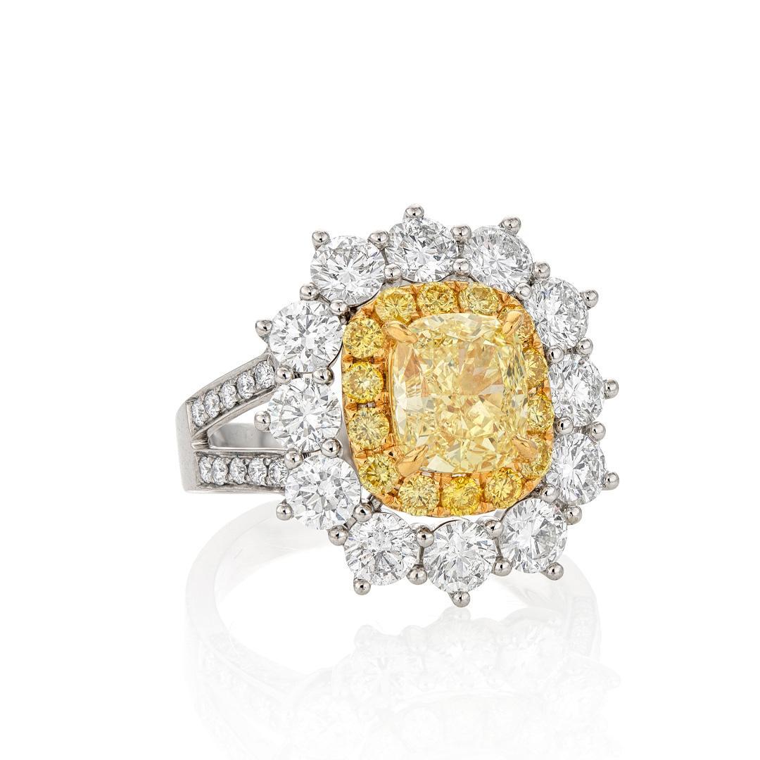 Cushion Halo Engagement Ring with 2.01 CT Fancy Yellow Center Diamond 2