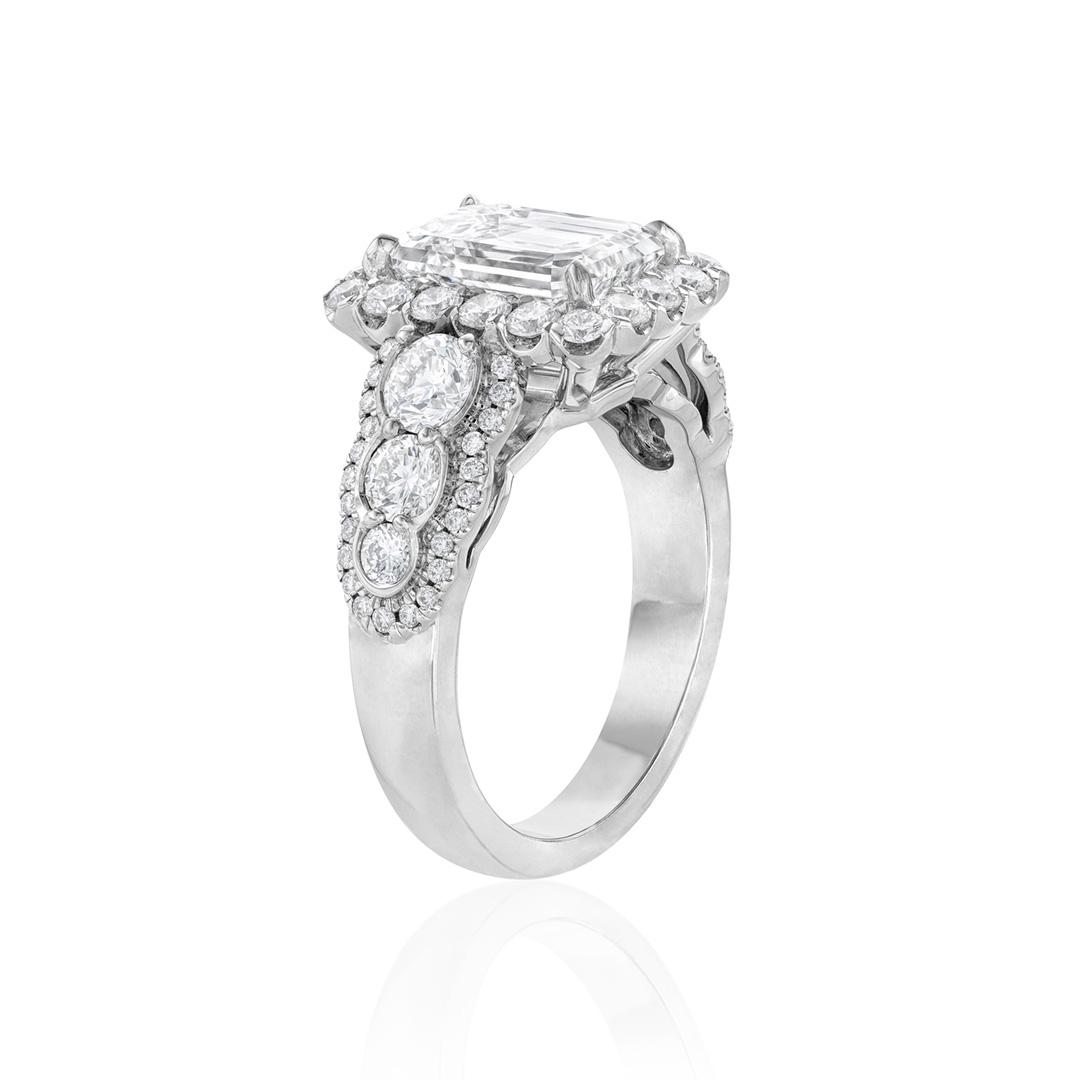 3.01 CT Emerald Cut Diamond Engagement Ring with Round Diamond Halo 2