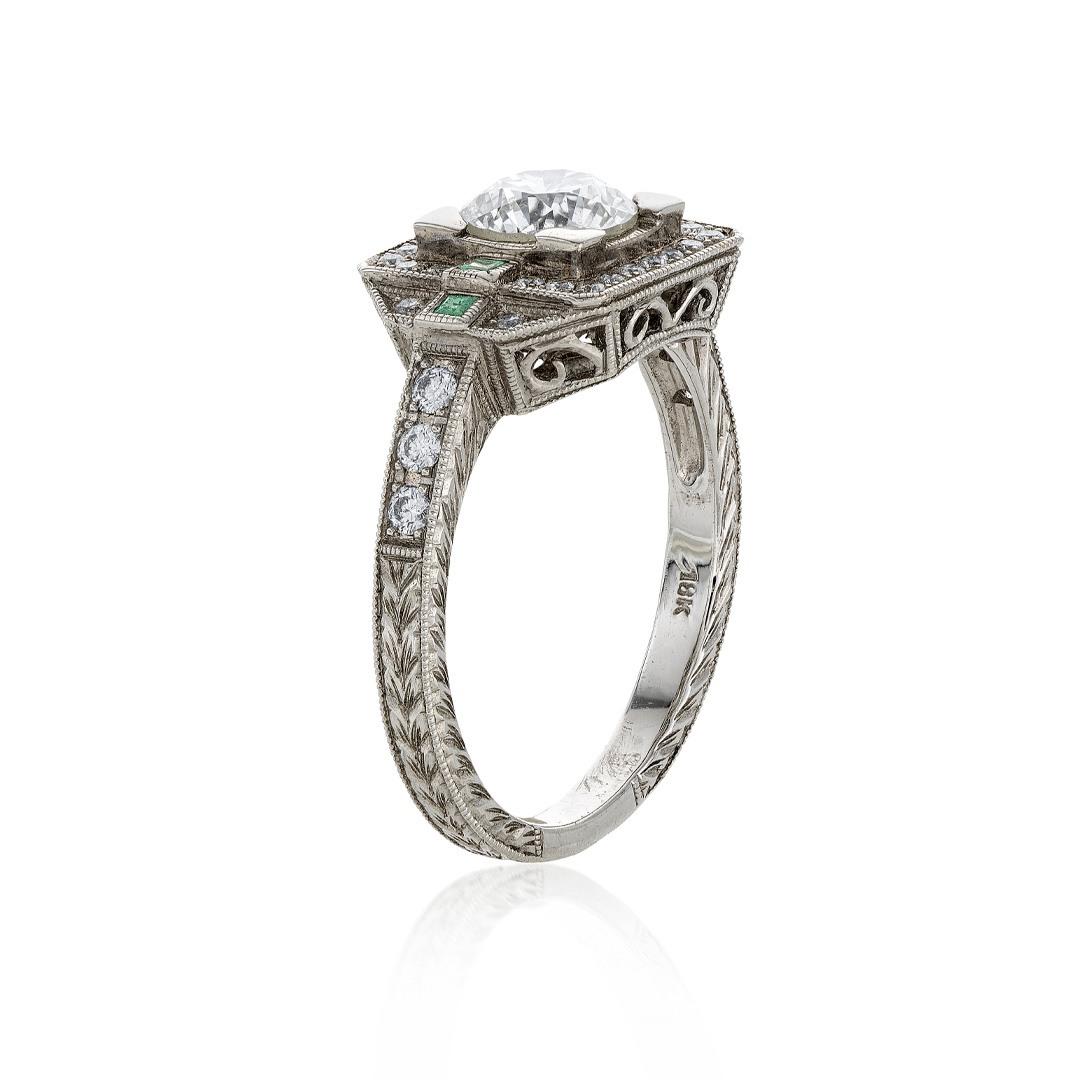 Antique Style Diamond & Emerald Engagement Ring 1