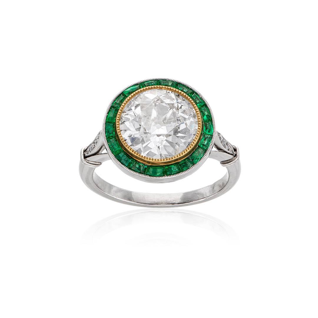 Estate Collection Diamond and Emerald Reproduction Platinum Engagement Ring