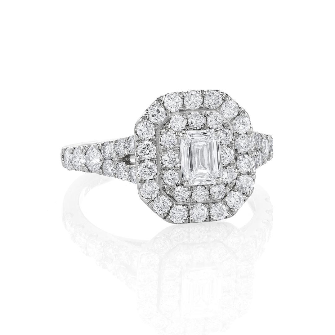 2.00 CTW Emerald Cut Diamond Bridal Ring Set with Octagonal Diamond Halos 1