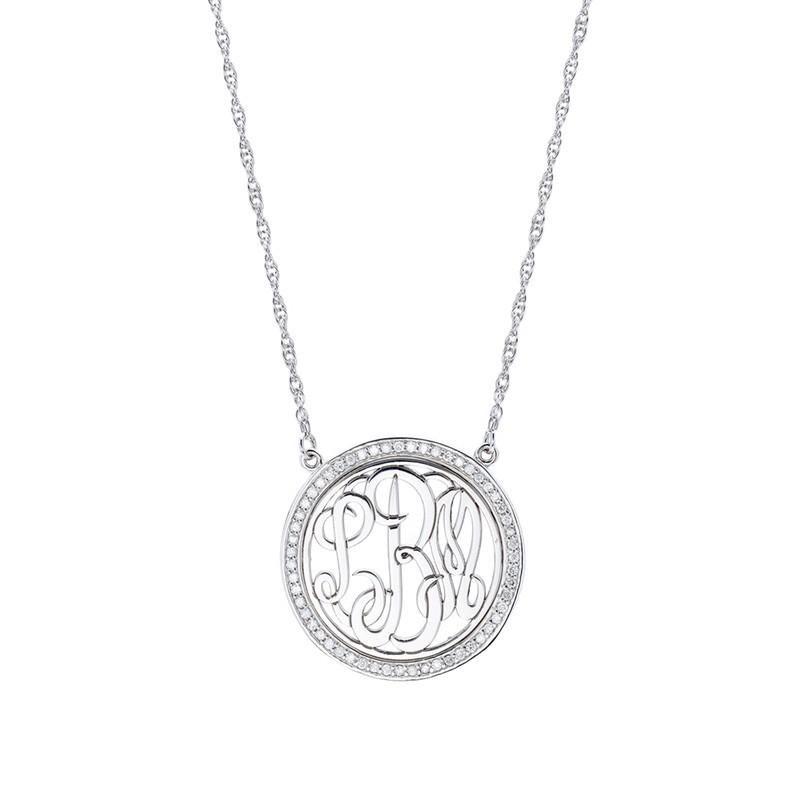 25mm Sterling Silver & Diamond Monogram Circle Pendant Necklace