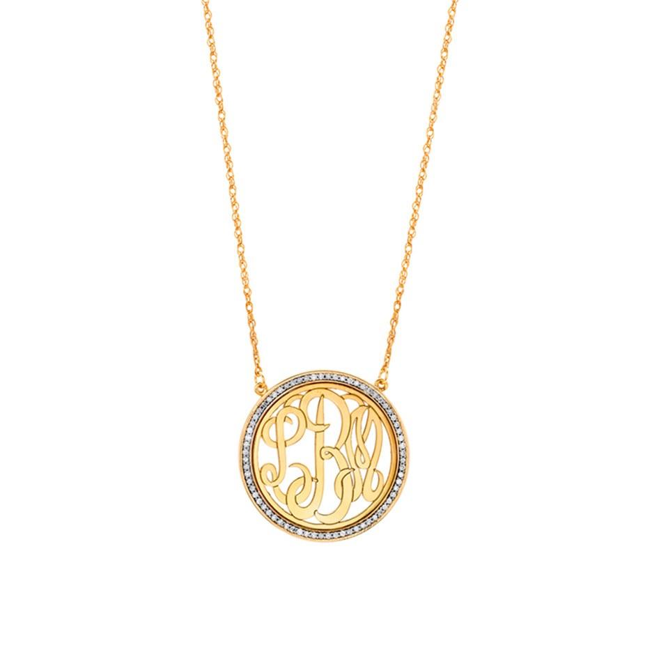 20mm Gold Plated & Diamond Monogram Circle Pendant Necklace