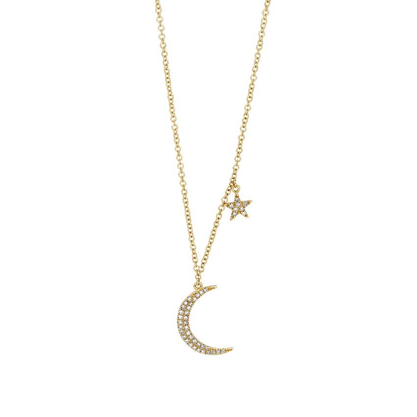 Yellow Gold Diamond Moon & Star Necklace 0