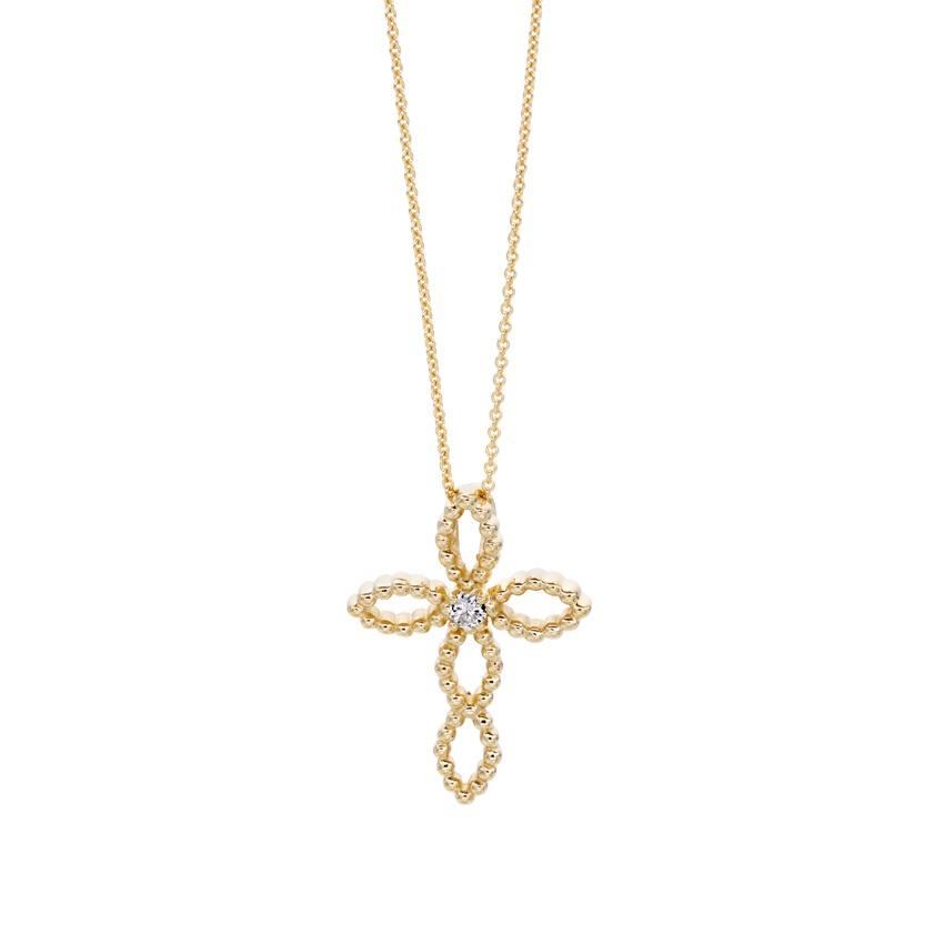 Yellow Gold Cross Pendant Necklace with Round Diamond Center 0