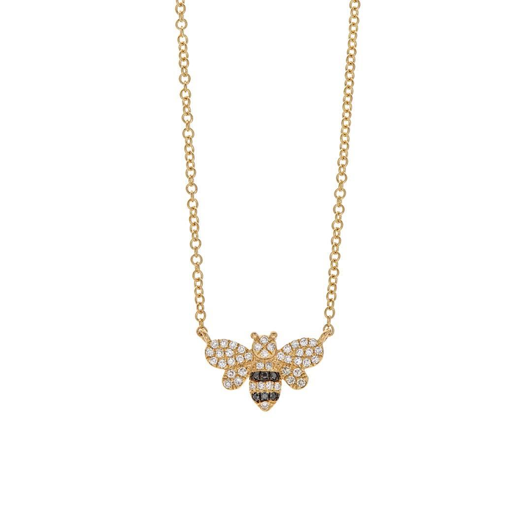 Yellow Gold Bee Necklace with Black and White Diamonds