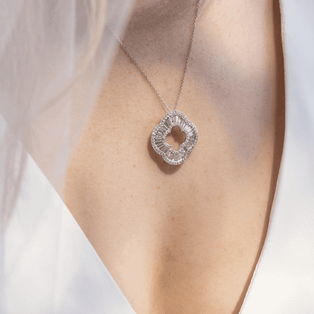 2.20 CTW Baguette Diamond Open Four Leaf Clover Pendant Necklace 1