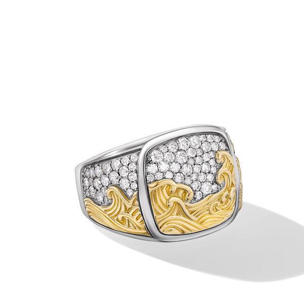 David Yurman Waves Signet Ring in Sterling Silver with 18K Yellow Gold and Diamonds, Size 10.5 0