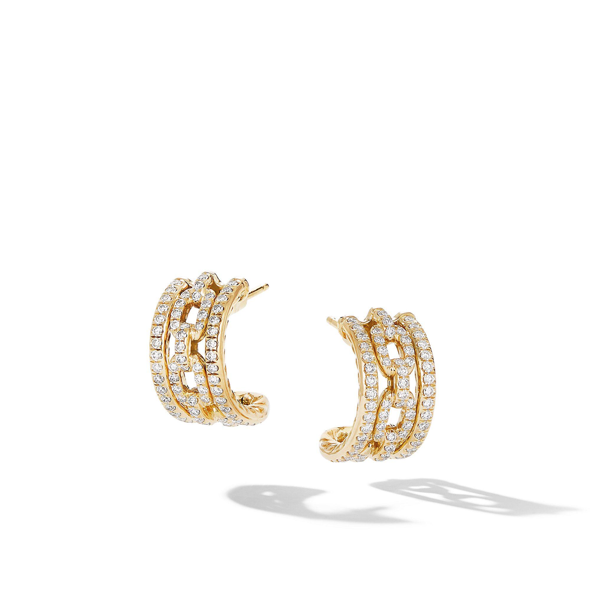 David Yurman Stax Chain Link and Pave Huggie Hoops in 18k Yellow Gold