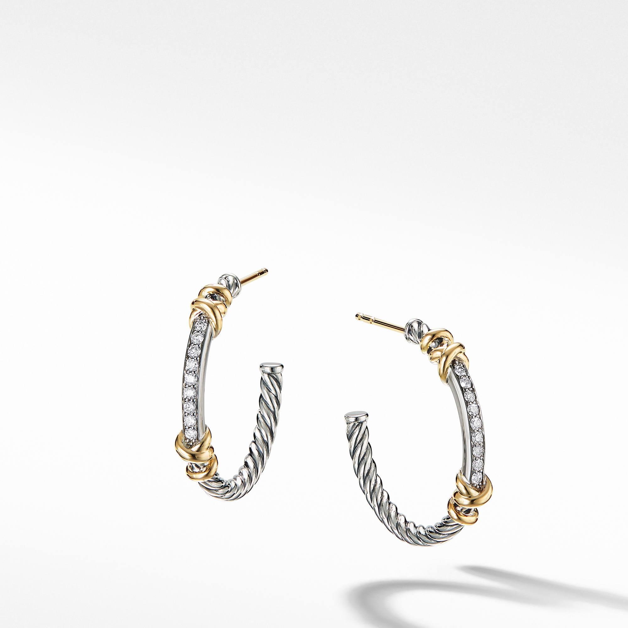 David Yurman Petite Helena Hoop Earrings with 18k Yellow Gold and Diamonds, size medium
