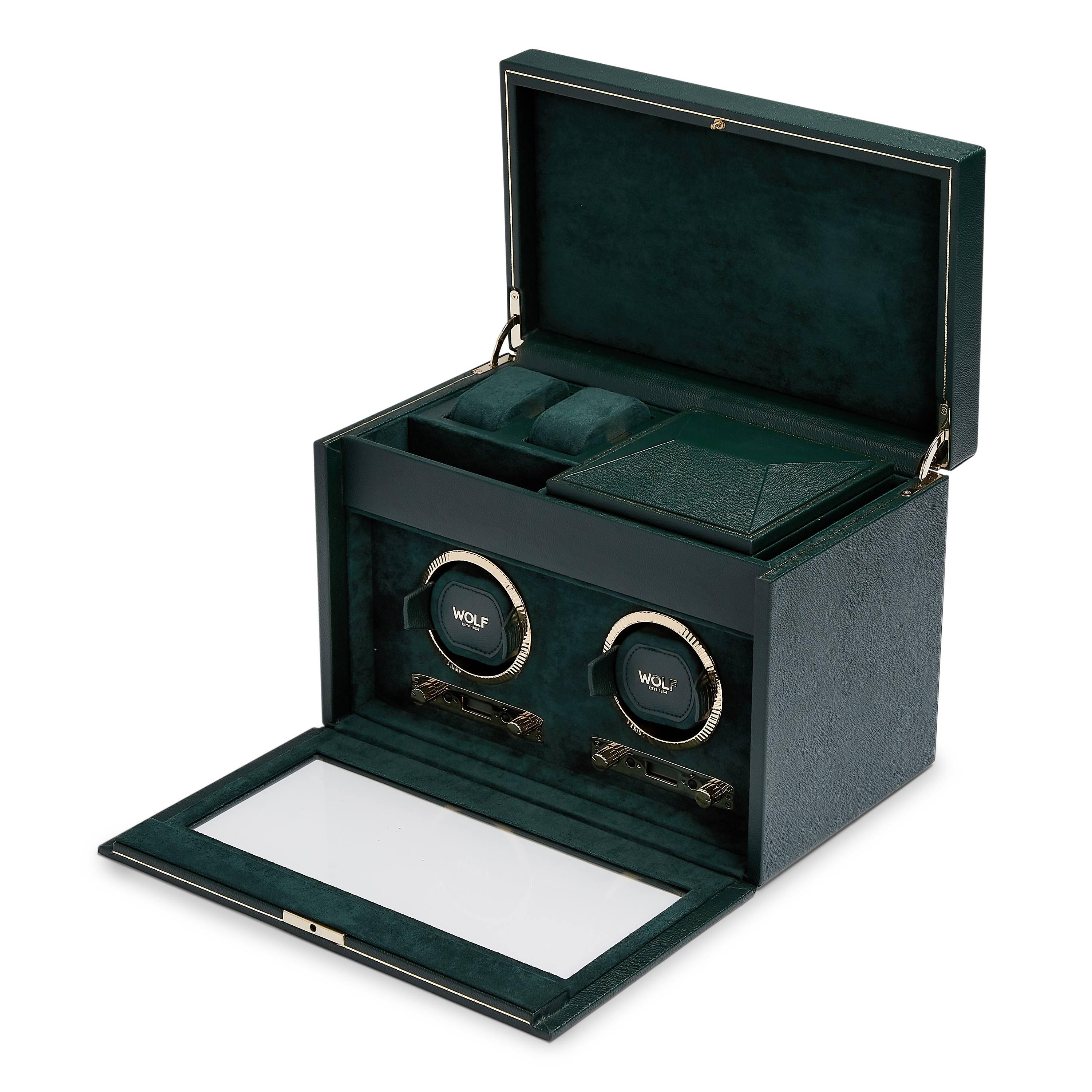 WOLF British Racing Green Double Watch Winder | Side View Open