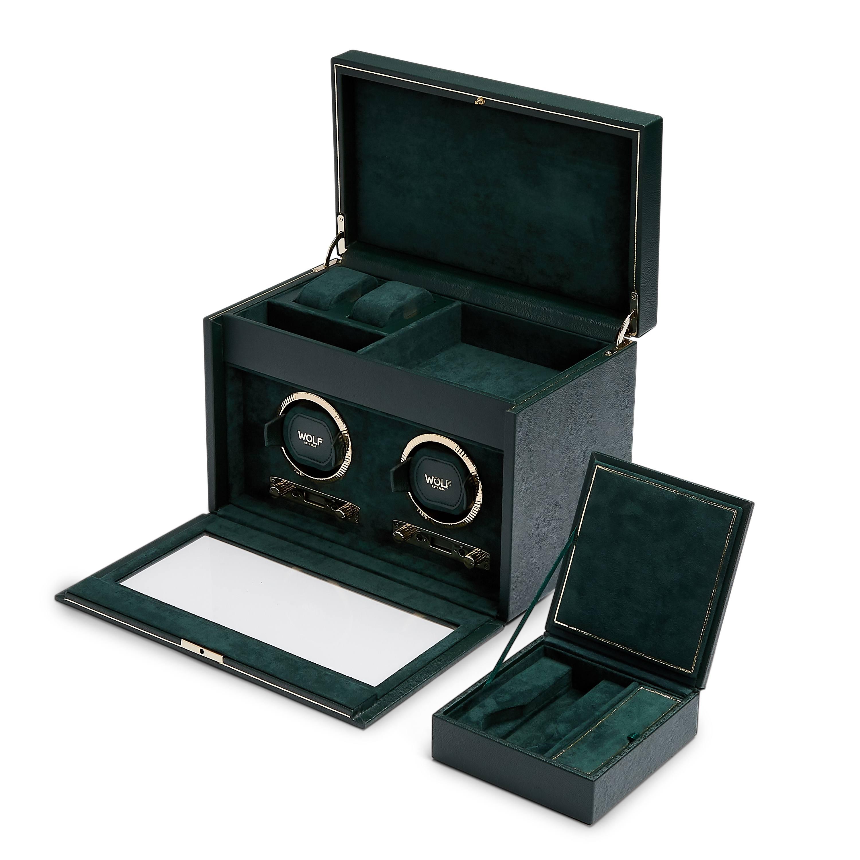 WOLF British Racing Green Double Watch Winder | Side View Open Detail