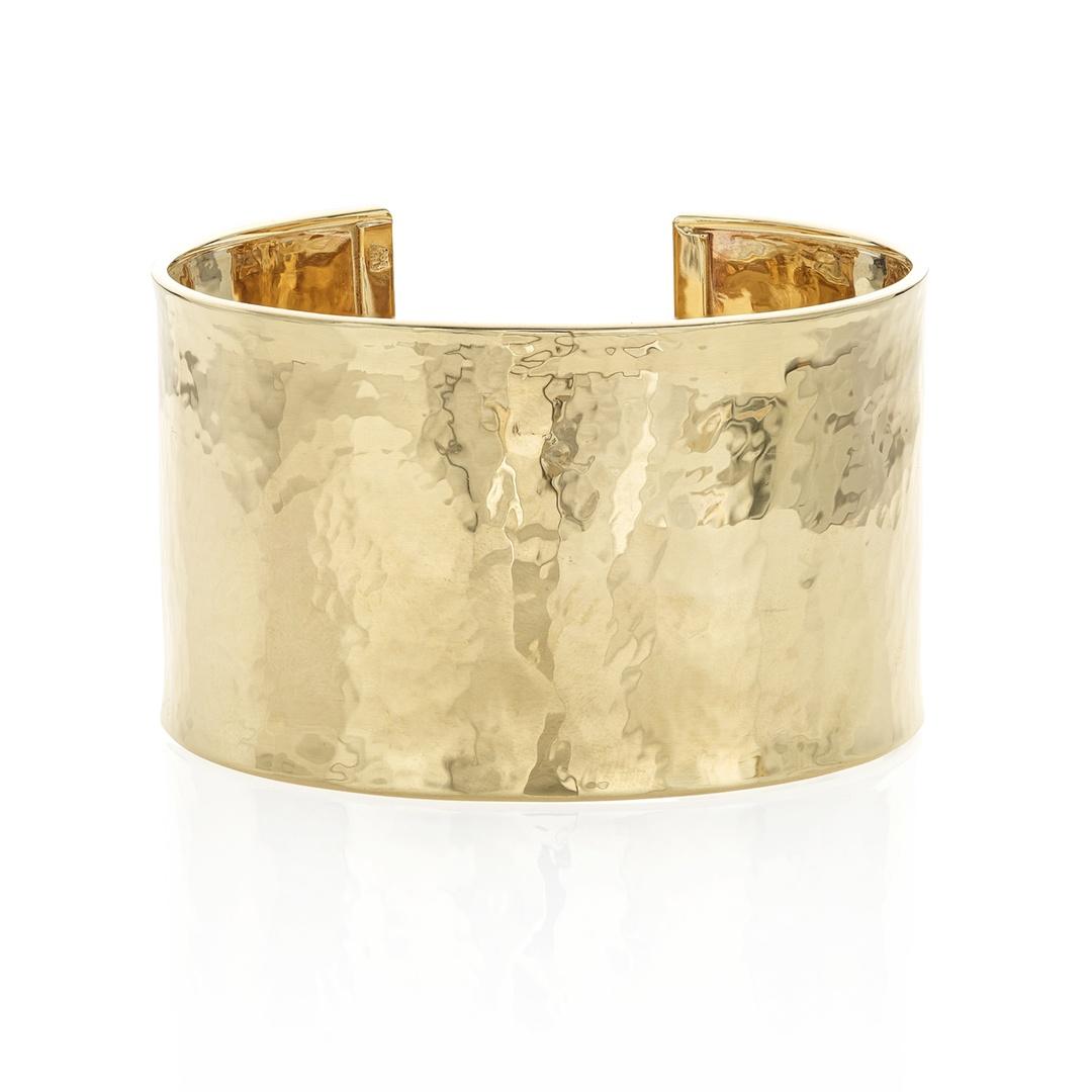 Wide Hammered Finished Yellow Gold Cuff