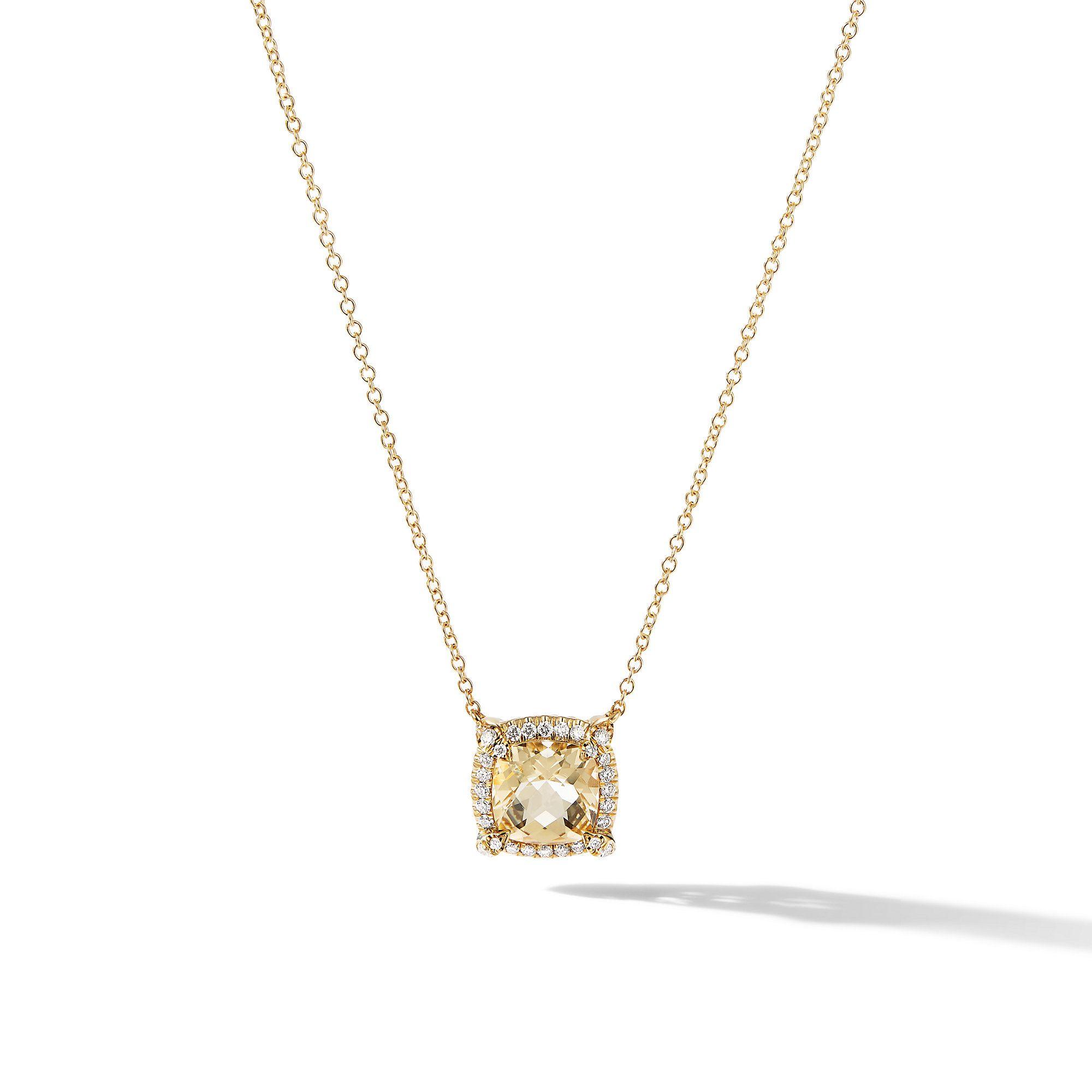 David Yurman Petite Chatelaine Pave Bezel Pendant Necklace in Gold with Champagne Citrine and Diamond